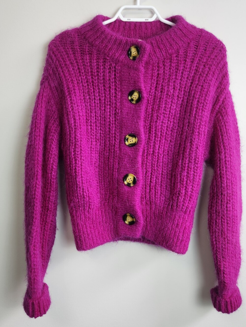 Fuschia Cardigan 100% Wool Alpaca Blend Size XS Chunky Knit Baggy Oversized